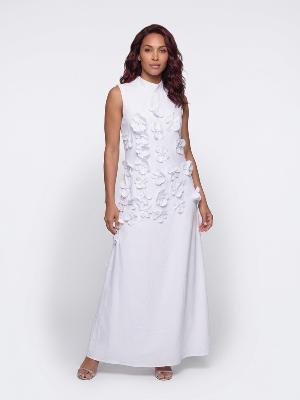 Women’s White Sleeveless High Neck Maxi Dress 3D Floral Appliqué Tie Back 14